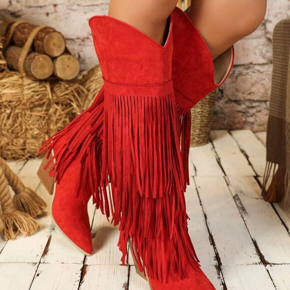 Red Western Women's Sexy Knee-High Geometric Faux Suede Chunky Heel Boots - Picture 7 of 7